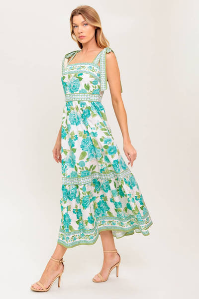 SEASIDE ESCAPES FLORAL MIDI DRESS - GREEN - FINAL SALE