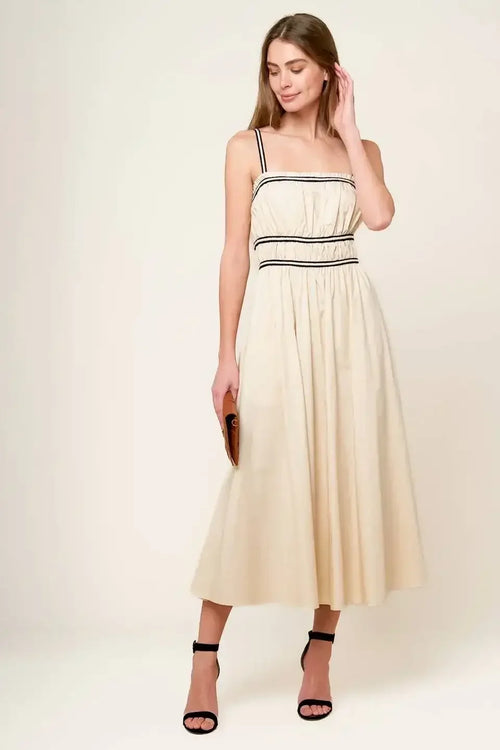 TERRIFIC TIMING BLACK TRIM IVORY MIDI DRESS