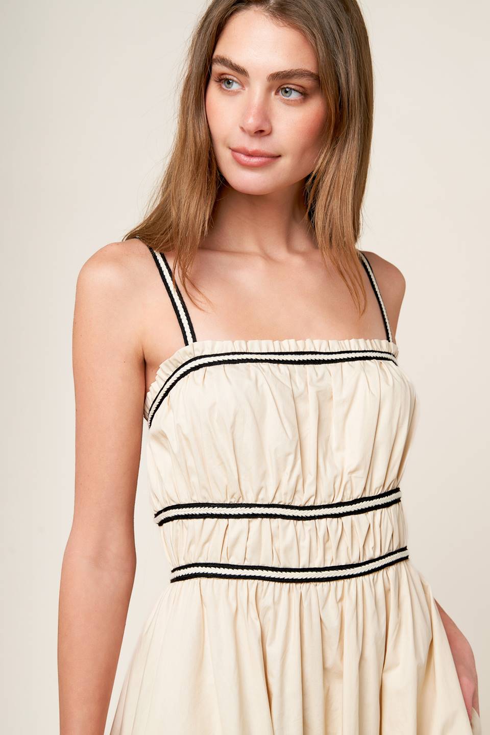 cream dress black trim AWARE sleeveless corchet maxi dress in cream with black contrast trim
