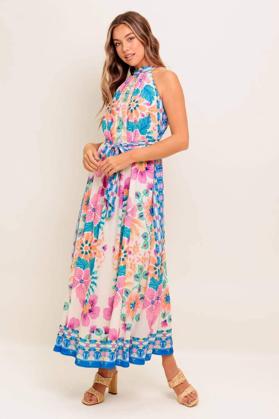 ELARA FLORAL HALTER MAXI DRESS
