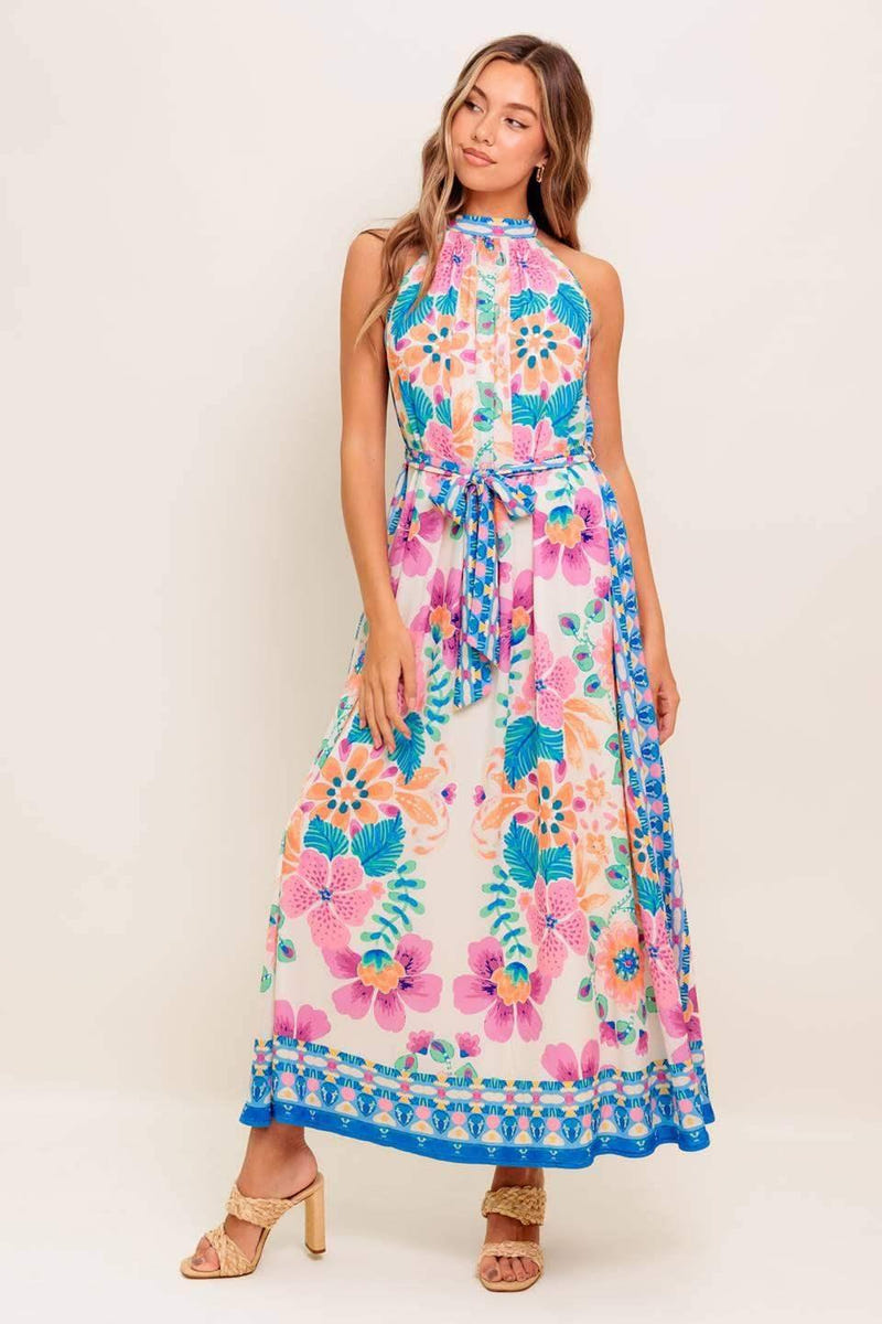 ELARA FLORAL HALTER MAXI DRESS