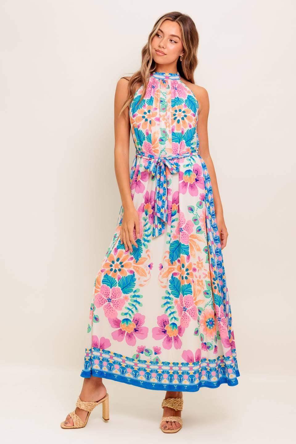ELARA FLORAL HALTER MAXI DRESS