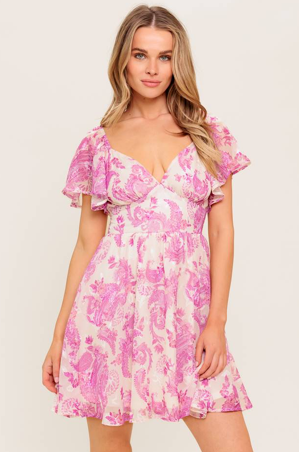 ROMANTIC WALKS FLUTTER SLEEVE MINI DRESS - PINK - FINAL SALE