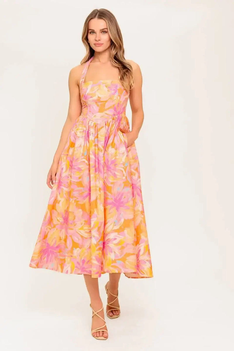 MORNING SUN HALTER TIE MIDI DRESS - CORAL