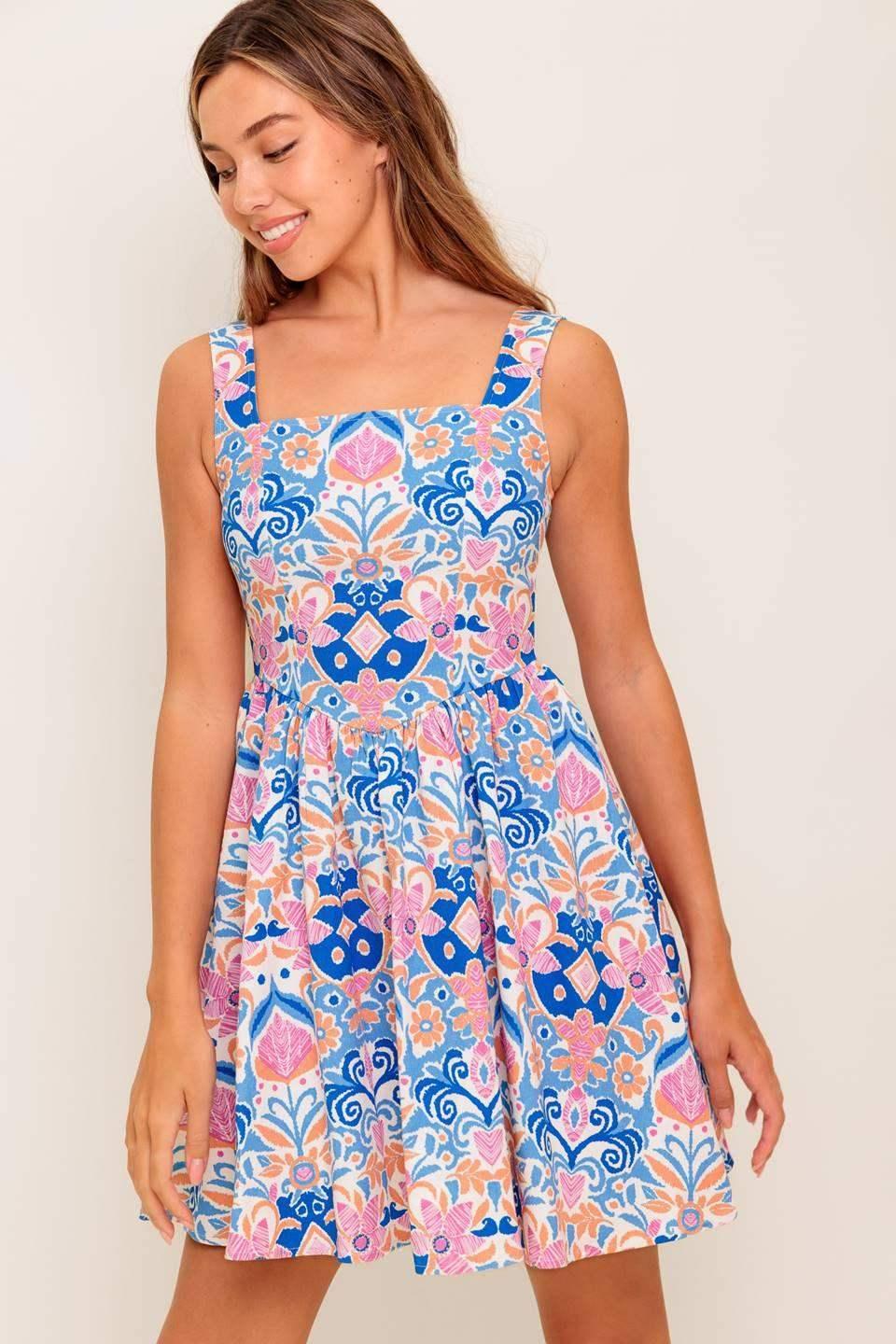 KENDRA BLUE CORAL PRINT MINI DRESS