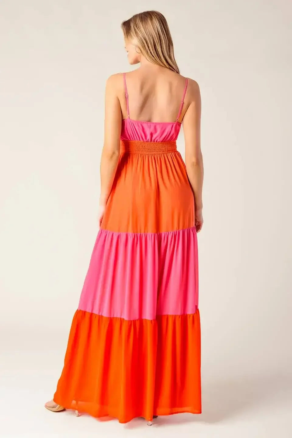 REGAL SUNRISE - PINK & RED COLOR BLOCKED MAXI DRESS