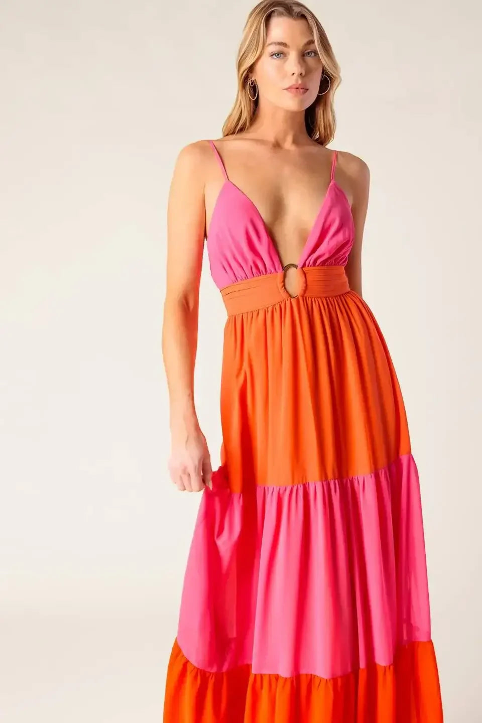 REGAL SUNRISE - PINK & RED COLOR BLOCKED MAXI DRESS
