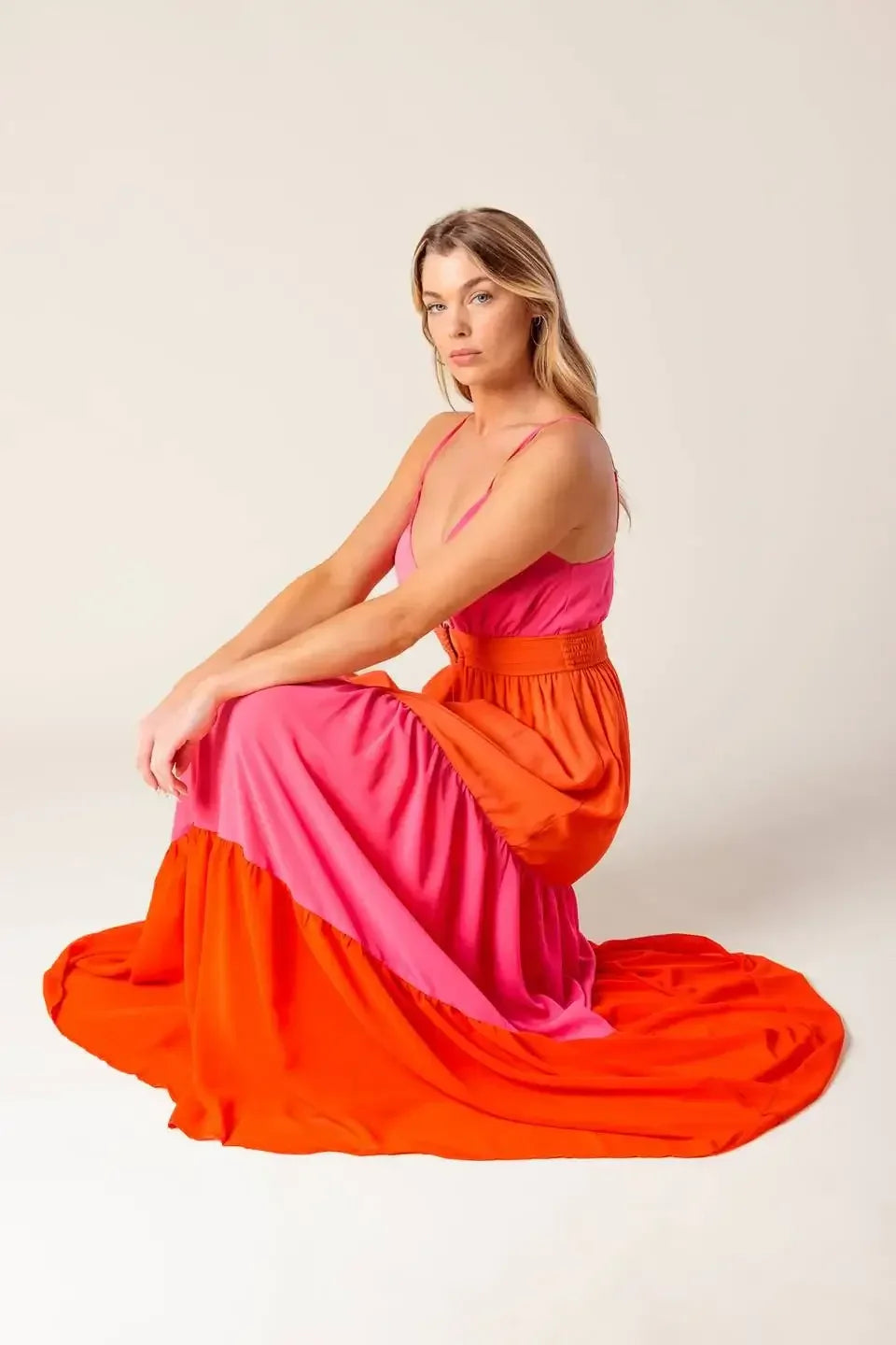 REGAL SUNRISE - PINK & RED COLOR BLOCKED MAXI DRESS