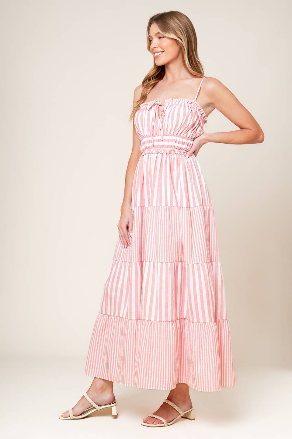 pink dress with black stripes Entro Pink Stripe Scalloped Mini Dress with Red Trim, L / Pink