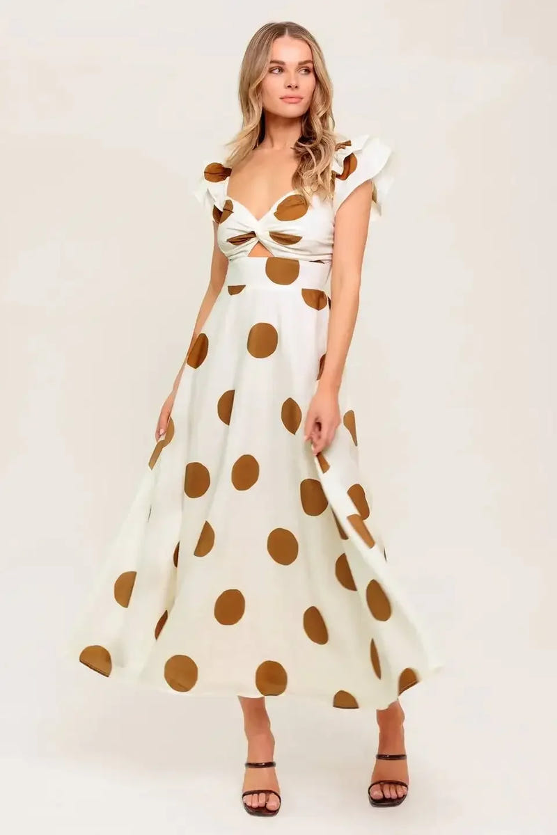 MOJITO MOOD IVORY & BROWN POLKA DOT MIDI DRESS