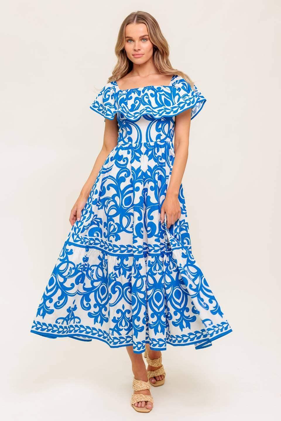 SERENADE MIDI DRESS - PRINTED OFF SHOULDER COTTON DRESS