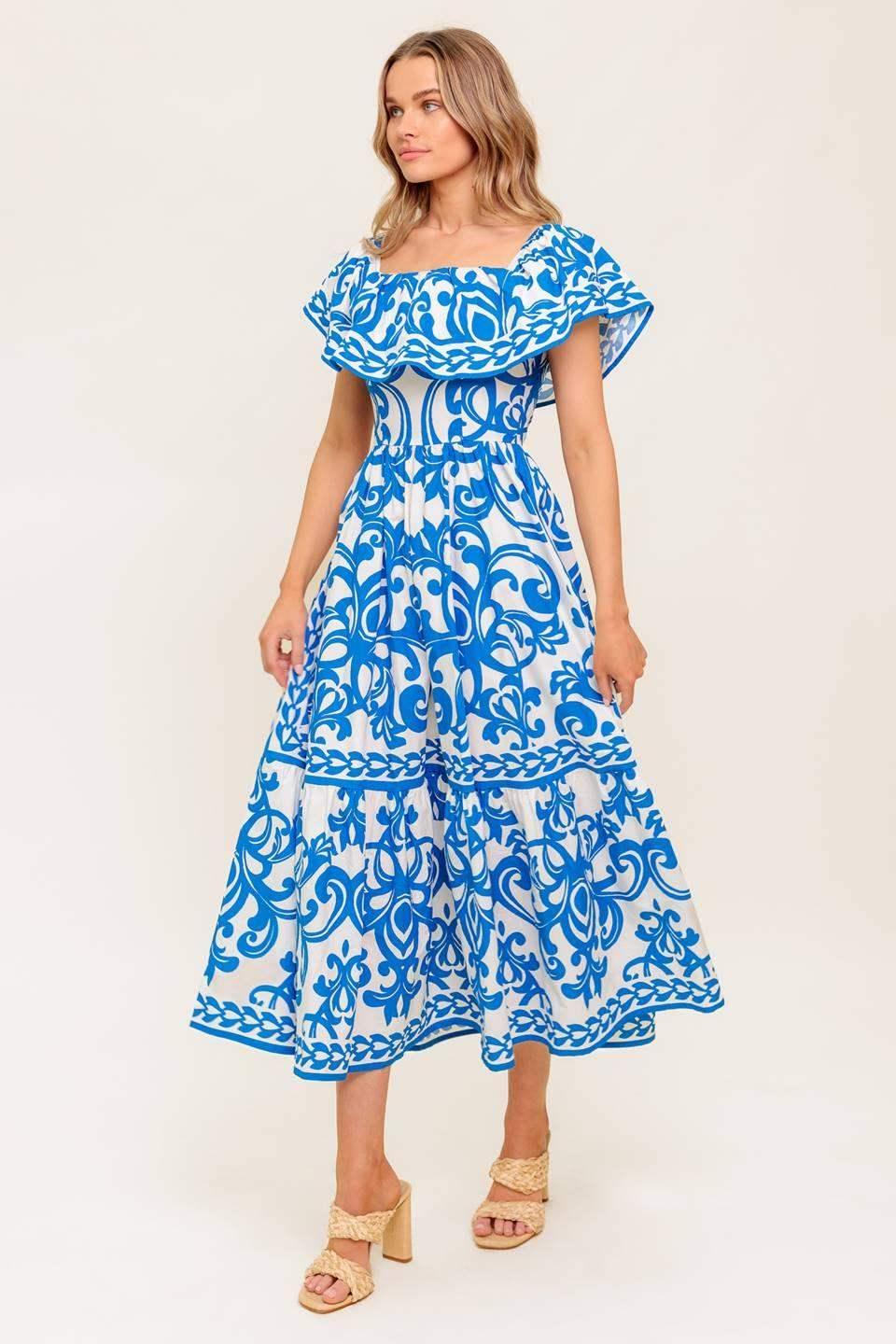 SERENADE MIDI DRESS - PRINTED OFF SHOULDER COTTON DRESS