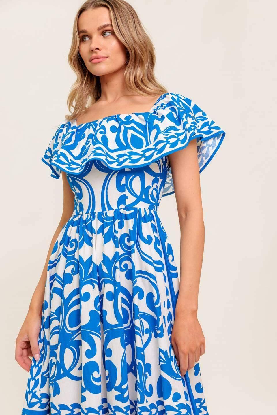 SERENADE MIDI DRESS - PRINTED OFF SHOULDER COTTON DRESS