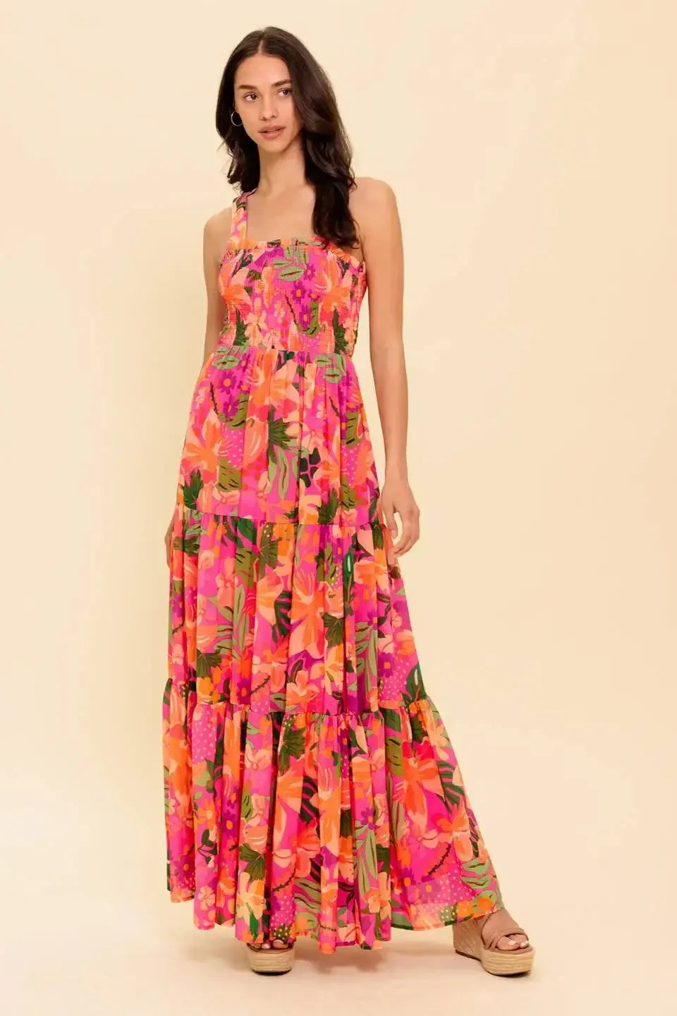 SUNRISE SOIREE HALTER TIE MAXI DRESS - FUCHSIA