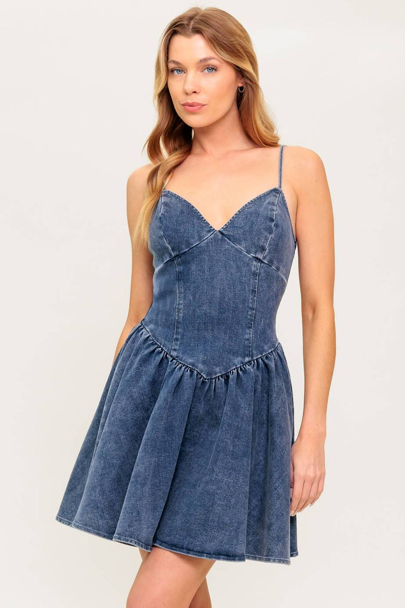 WEEKEND TRIP - BASQUE WAIST DENIM MINI DRESS
