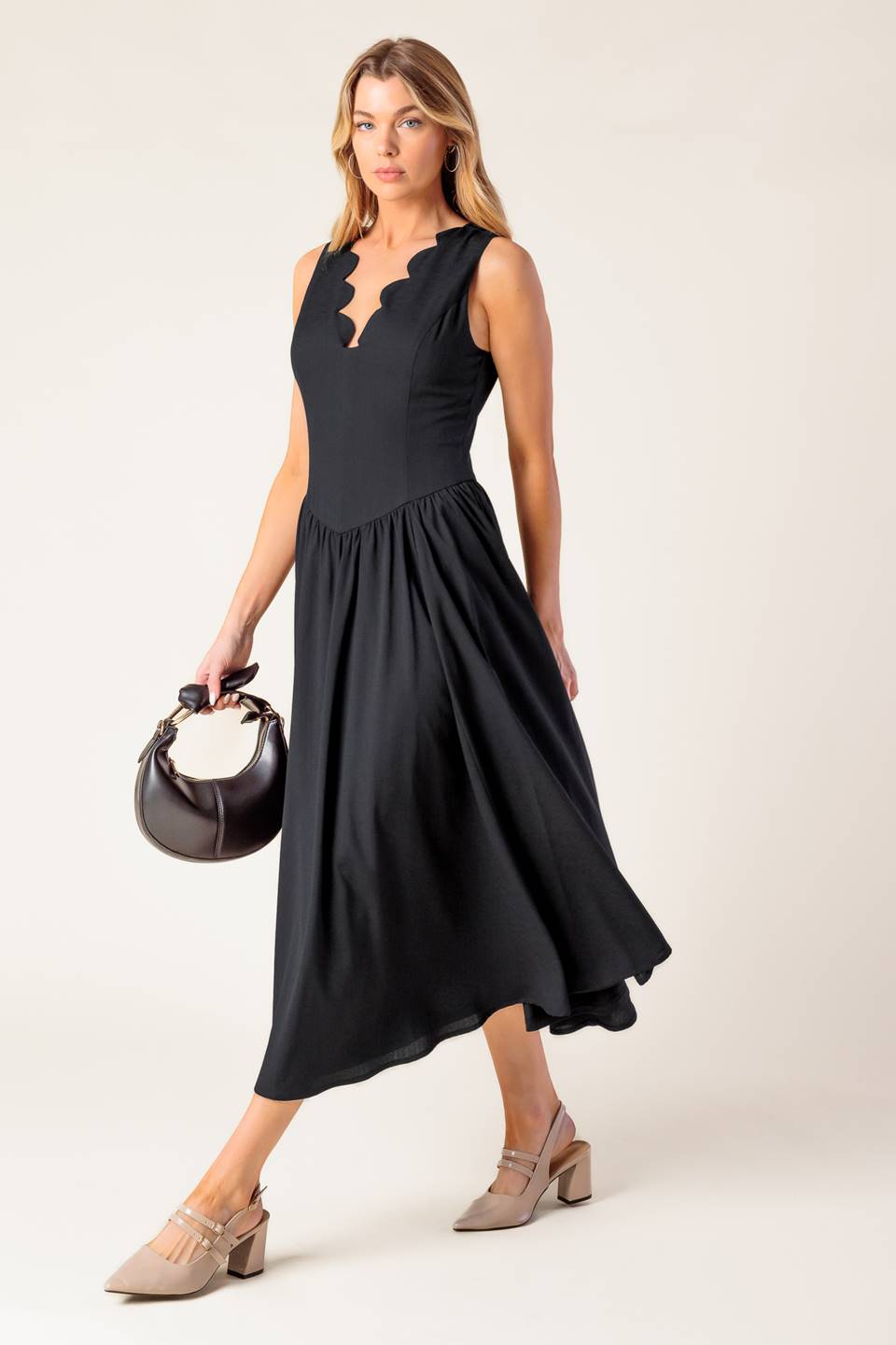 black v neck midi dress Short Sleeve With Pockets This black midi dress features a sleeveless design with a deep V Lady Black Tie - For