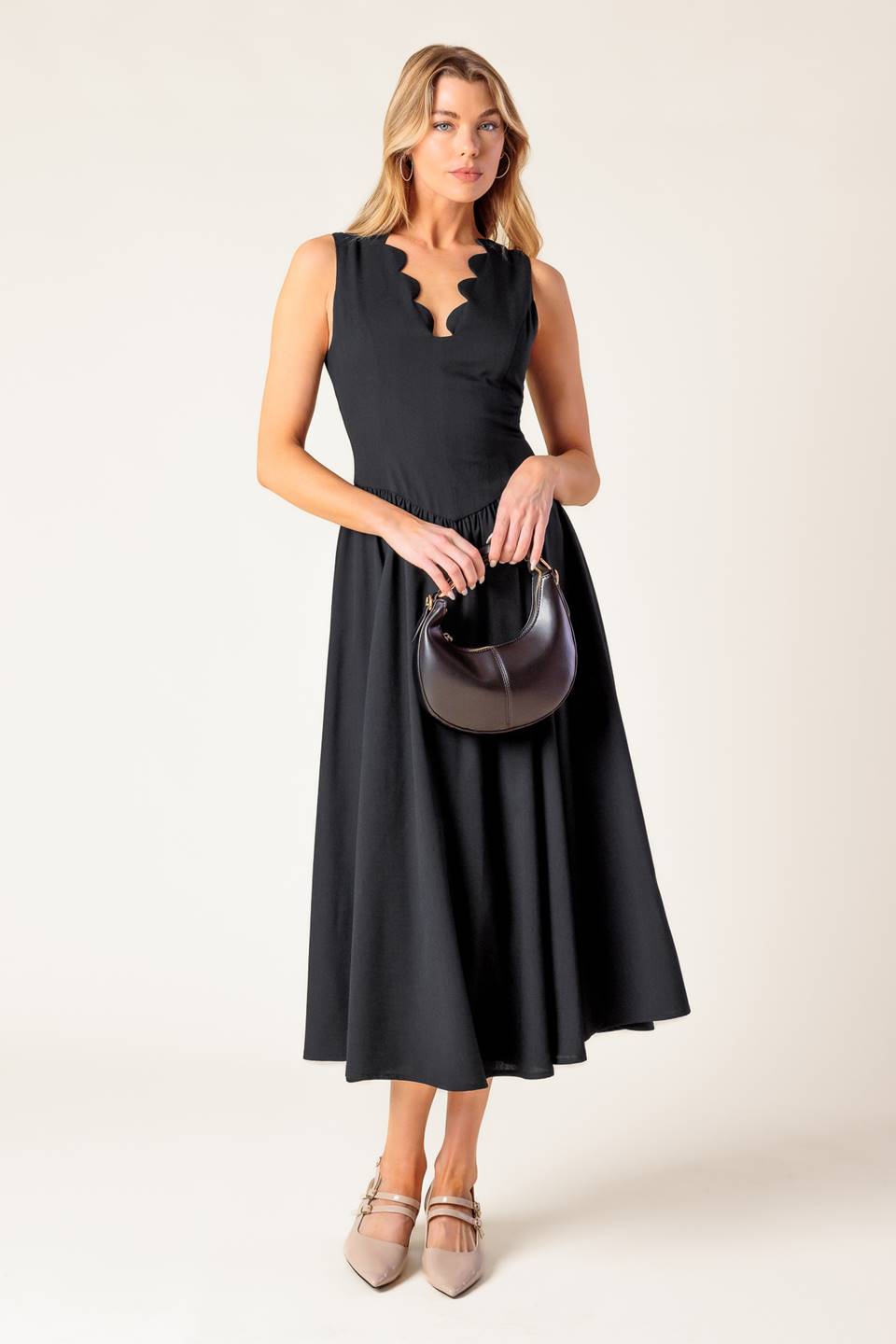 Lady Black Tie - For The Record Scallop-v Midi Dress - Black - Size M Lady Black Tie - For The Record Scallop-v Midi Dress - Black - Size M