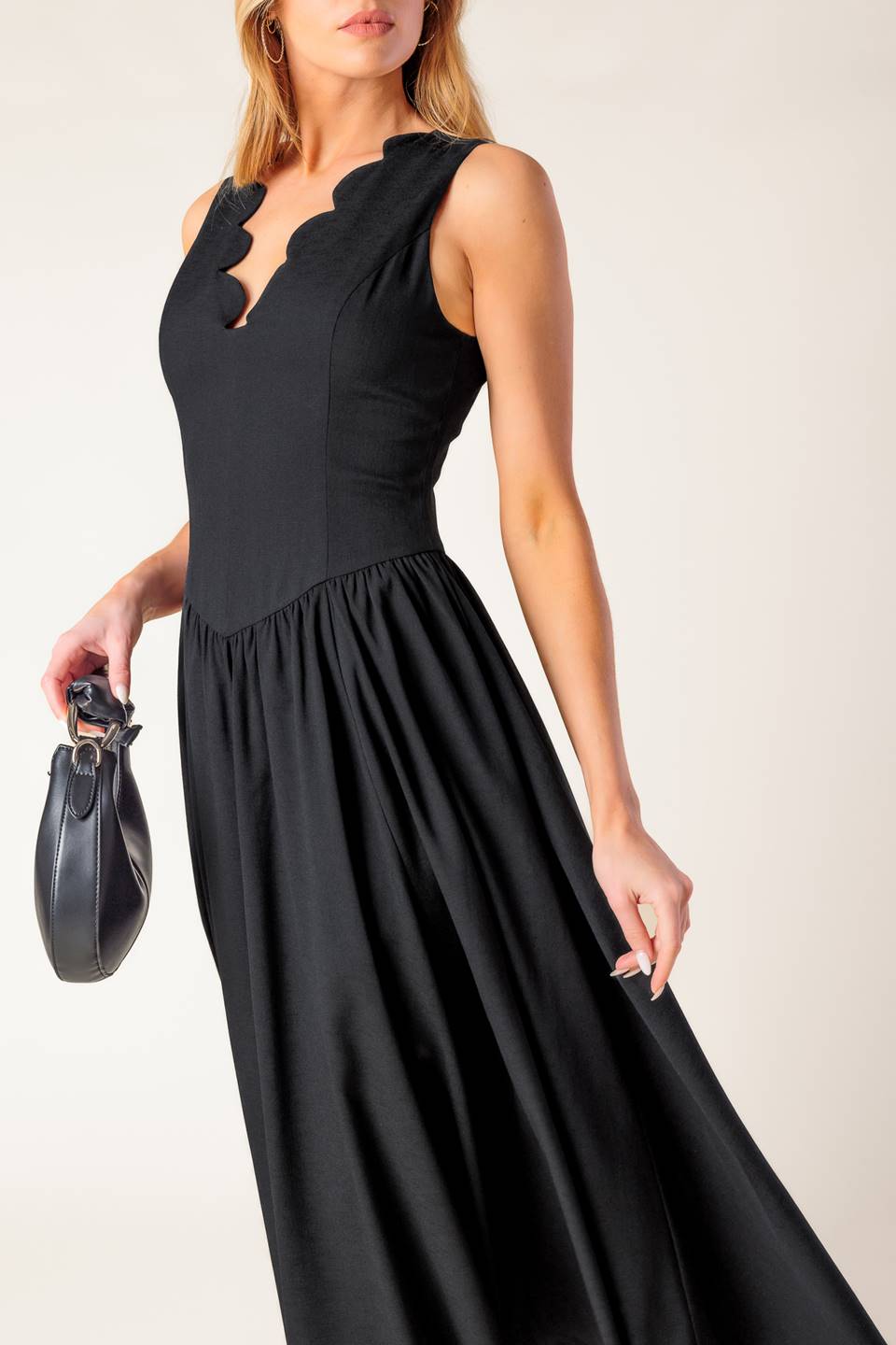 black scalloped dress Unique Vintage Black Scalloped Neck Swing Dress