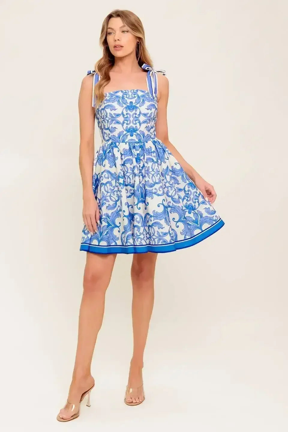 Blue floral mini dress with a straight neckline