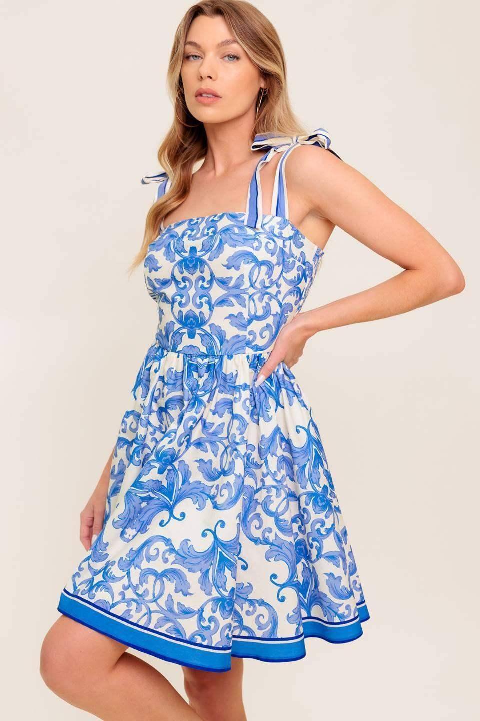 Blue floral mini dress with a straight neckline