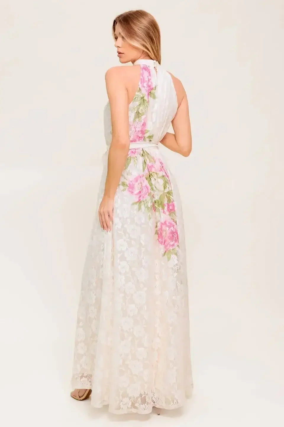 ROSE GARDEN - IVORY LACE HALTER MAXI DRESS