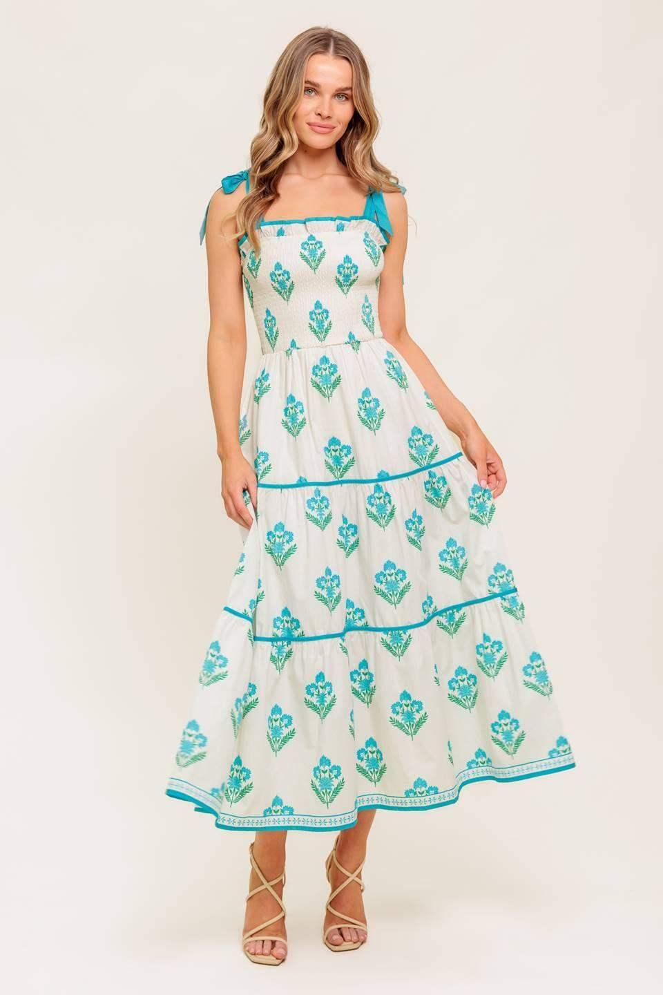 BEAUTY IN BLOOM - BLUE TIE STRAP MIDI DRESS