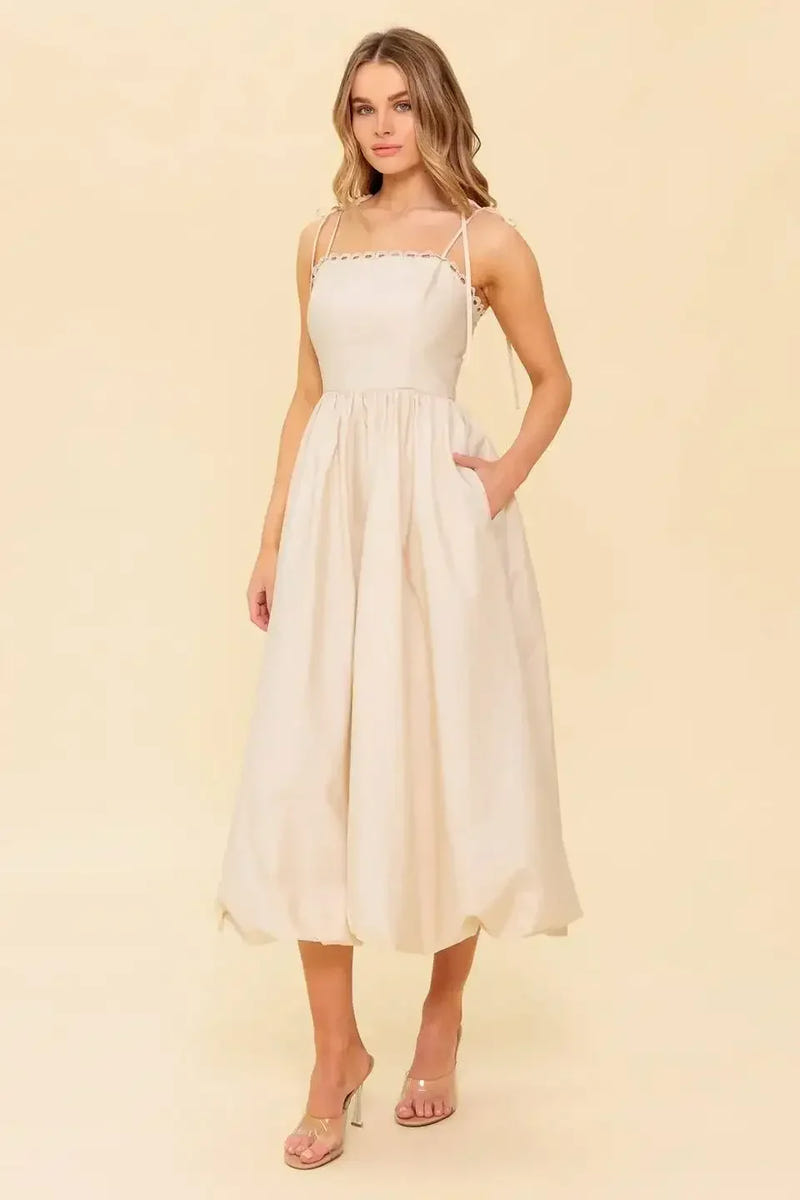 REGAL CUTIE BUBBLE HEM MIDI DRESS - CREAM
