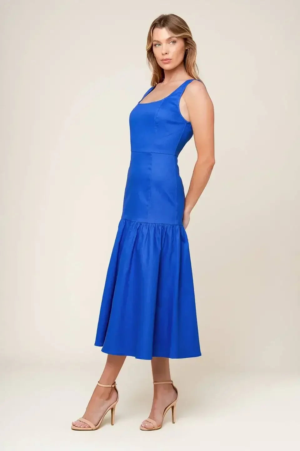 BONNIE BLUE MIDI DRESS WITH SQUARE NECKLINE & DROP WAIST