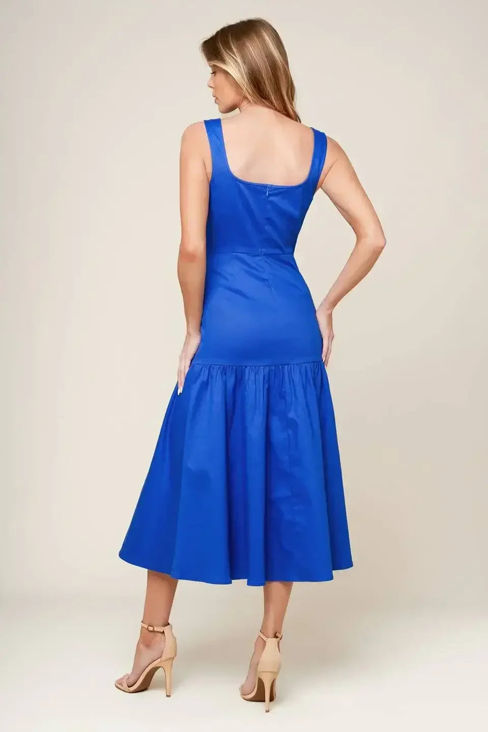 BONNIE BLUE MIDI DRESS WITH SQUARE NECKLINE & DROP WAIST