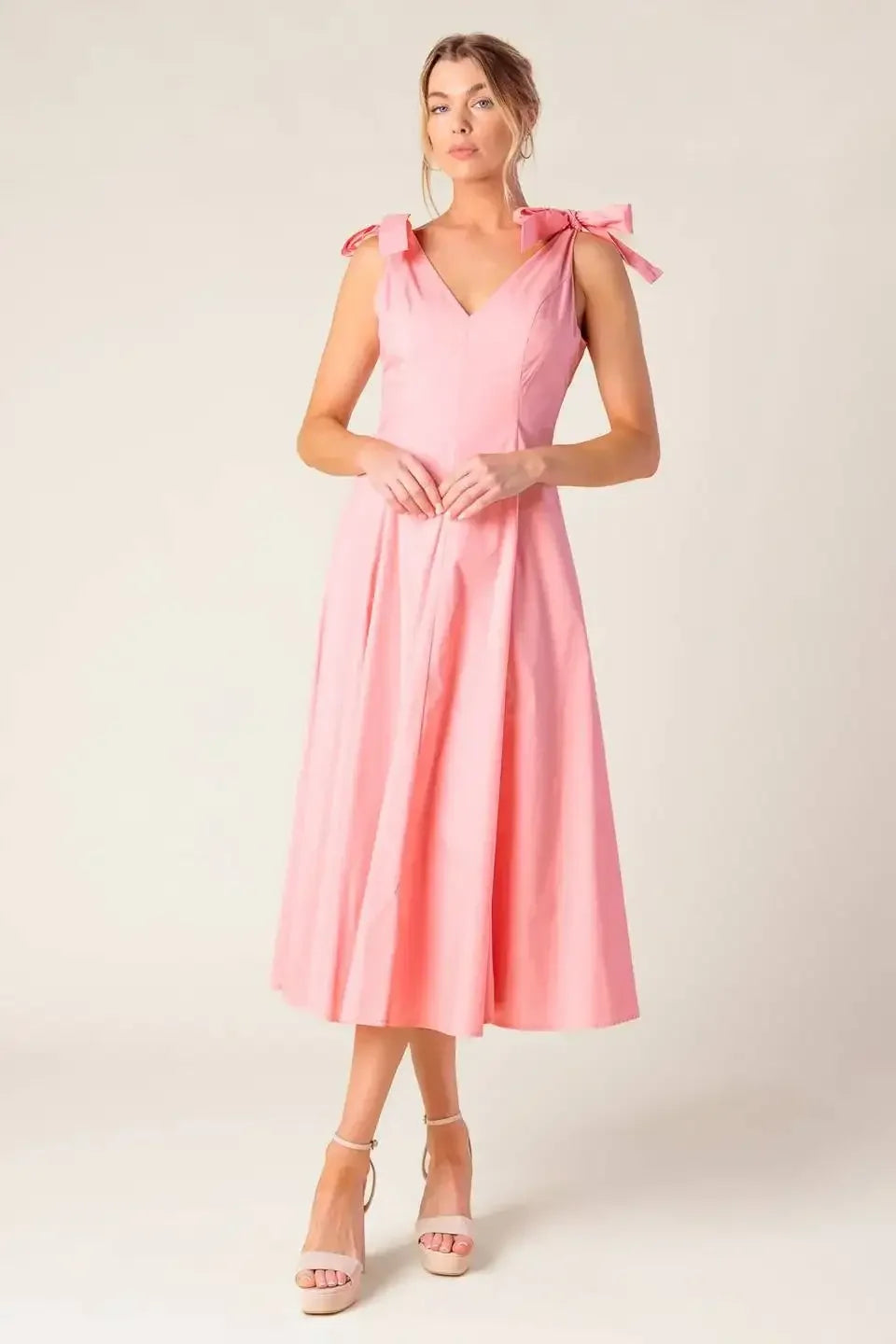 SWEET NOTHINGS SHOULDER BOW MIDI DRESS - PEACH