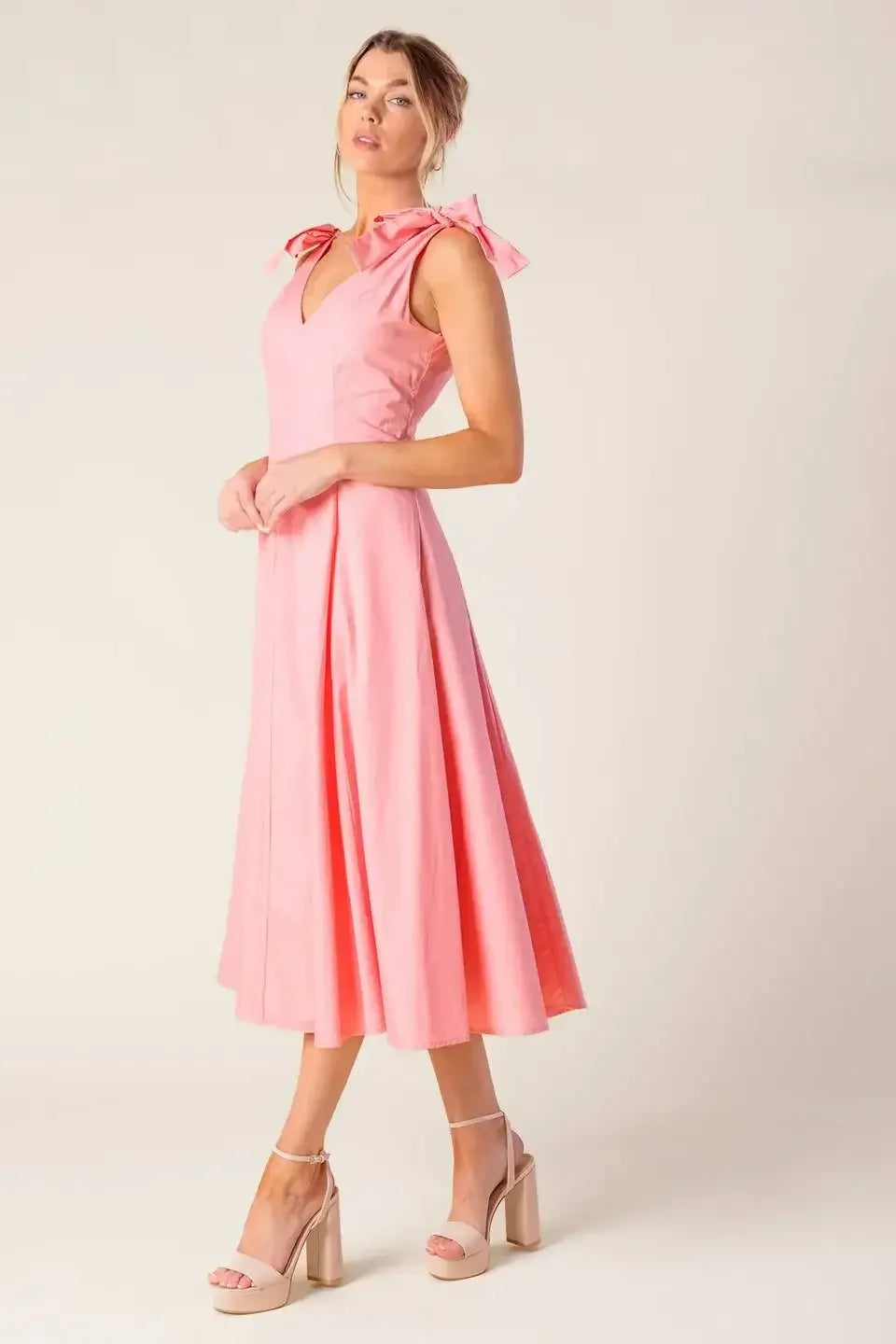 SWEET NOTHINGS SHOULDER BOW MIDI DRESS - PEACH