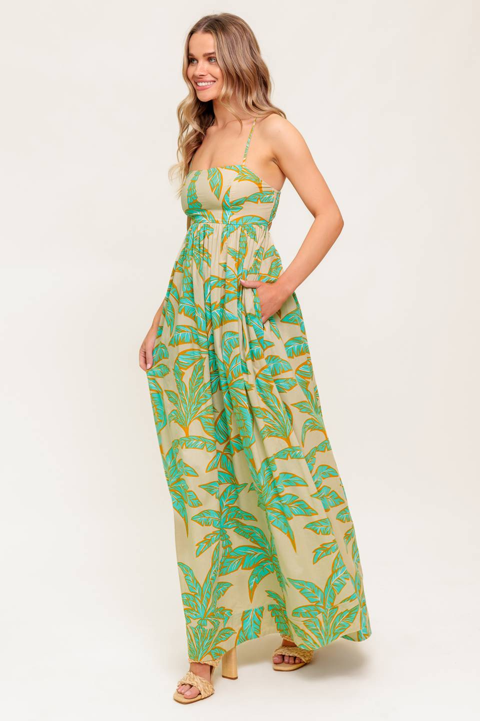 green tropical maxi dress Palmera Tropical Ruched Mesh Maxi Dress Green