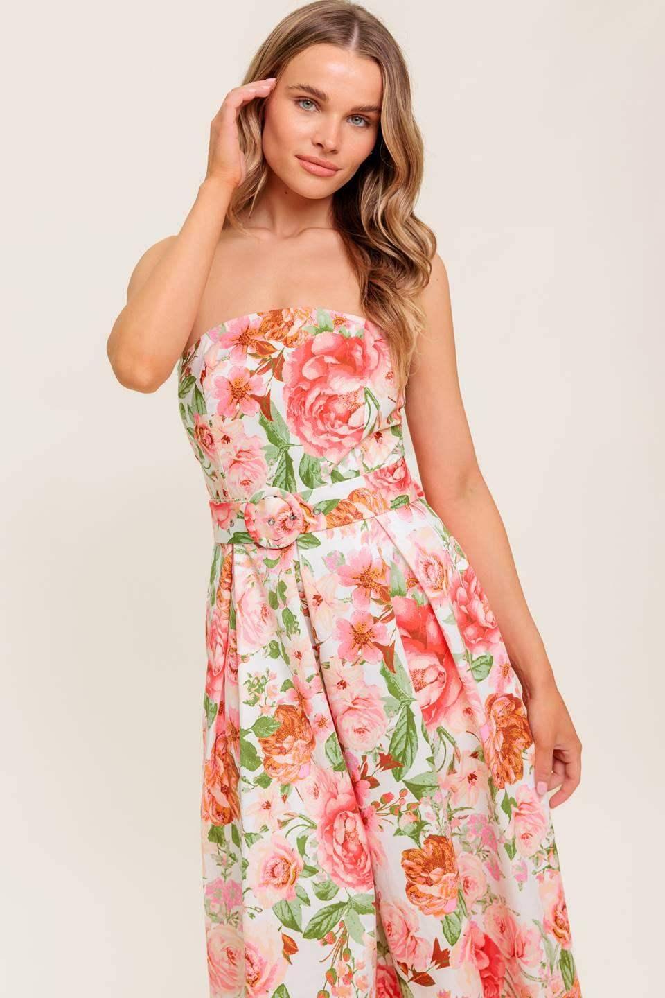 DAWN STRAPLESS MIDI DRESS - PINK FLORAL