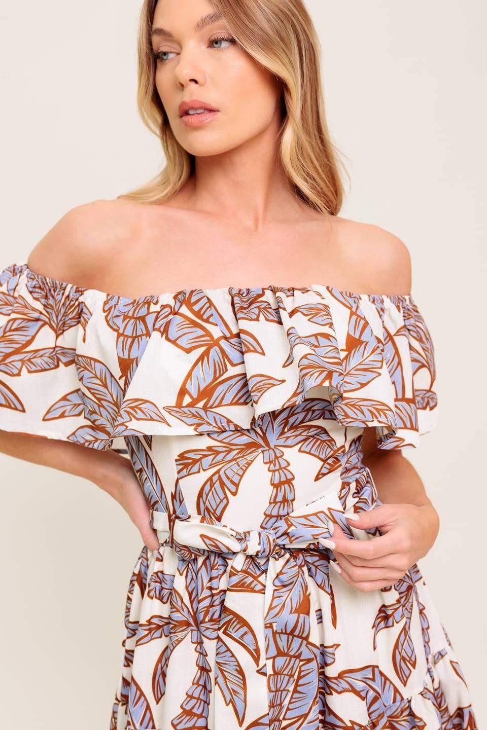 PALM TREE GARDEN - OFF THE SHOULDER MIDI DRESS