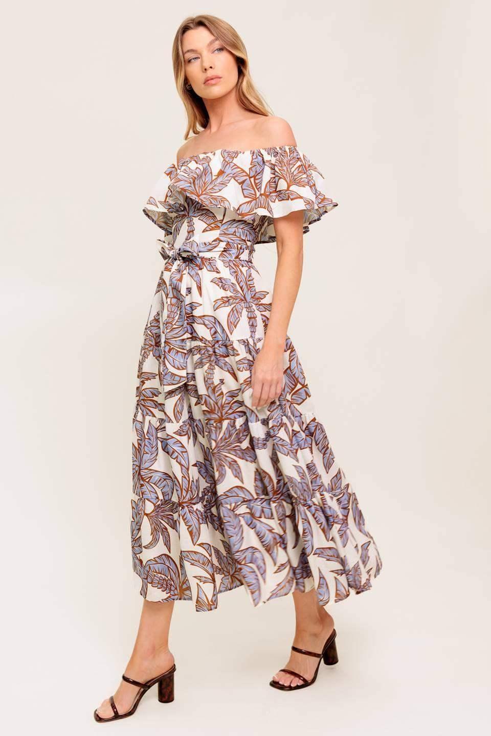 PALM TREE GARDEN - OFF THE SHOULDER MIDI DRESS