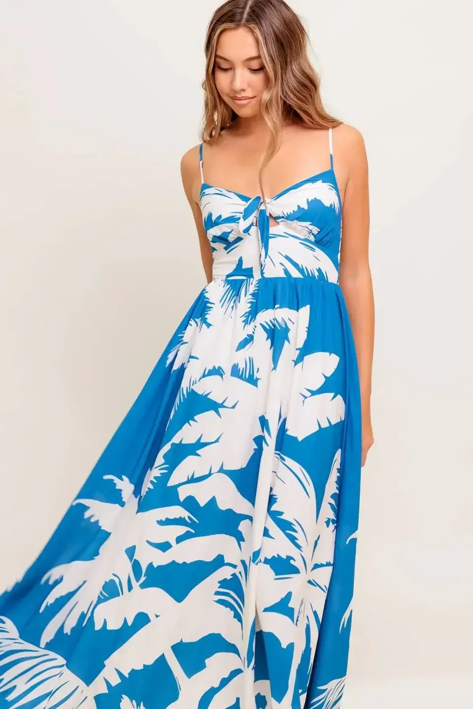 KAIA BLUE PALM PRINT MAXI DRESS