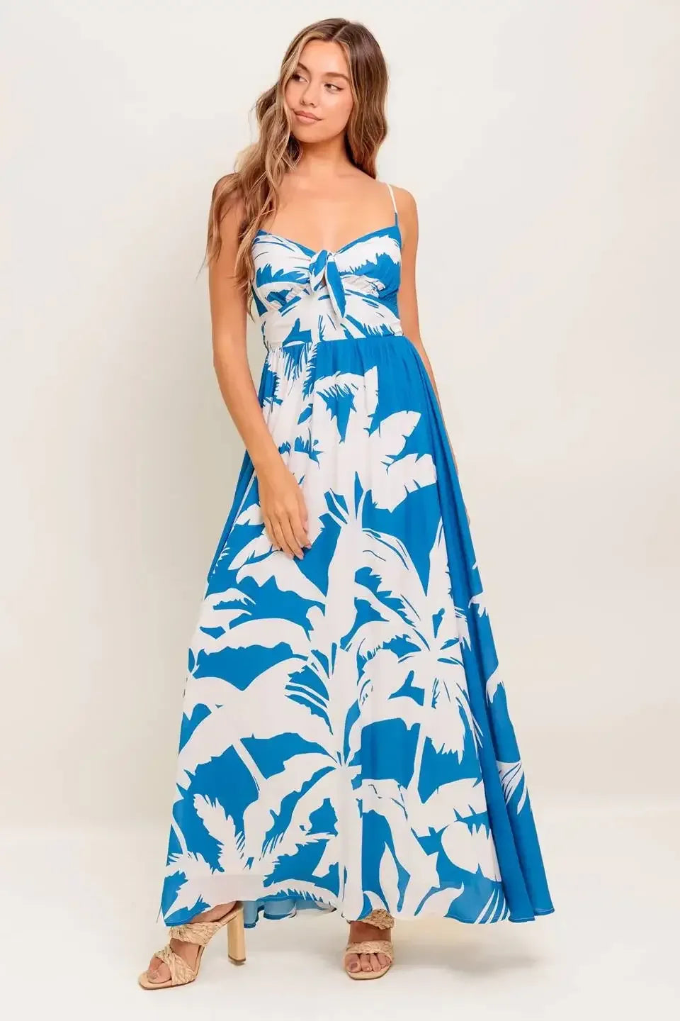 KAIA BLUE PALM PRINT MAXI DRESS