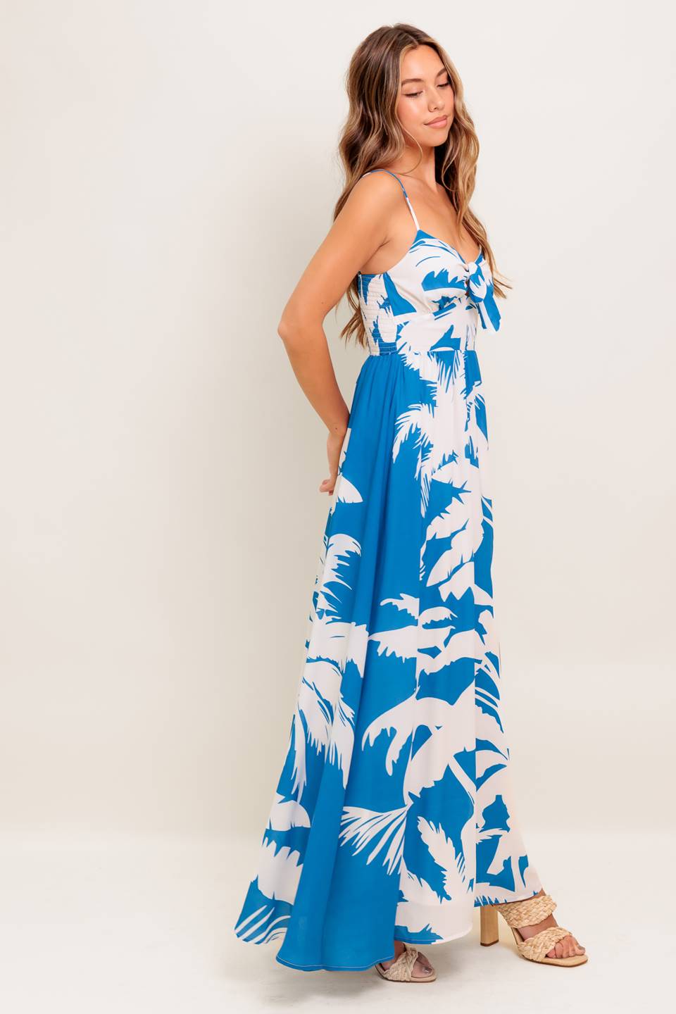 KAIA BLUE PALM PRINT MAXI DRESS | Tie-Front Cami Maxi with Smocked Back | Lady Black Tie KAIA BLUE PALM PRINT MAXI DRESS | Tie-Front Cami Maxi with Smocked Back | Lady Black Tie