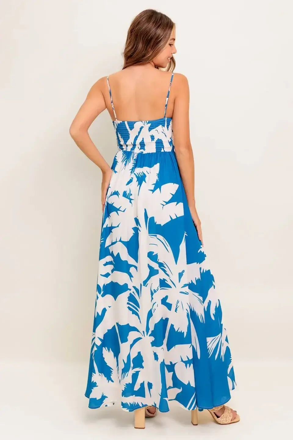 KAIA BLUE PALM PRINT MAXI DRESS | Tie-Front Cami Maxi with Smocked