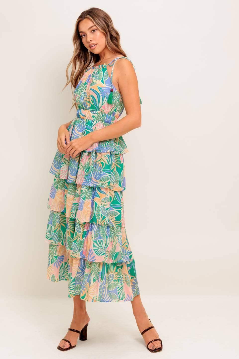 TARA LEAF PRINT MIDI DRESS