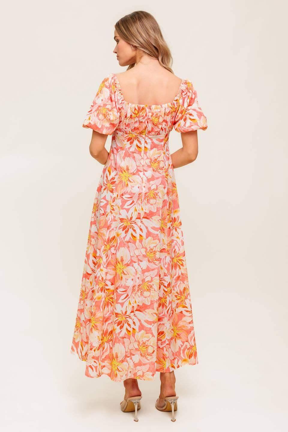 ISLAND FLOWERS PUFF SLEEVE MIDI DRESS - CORAL