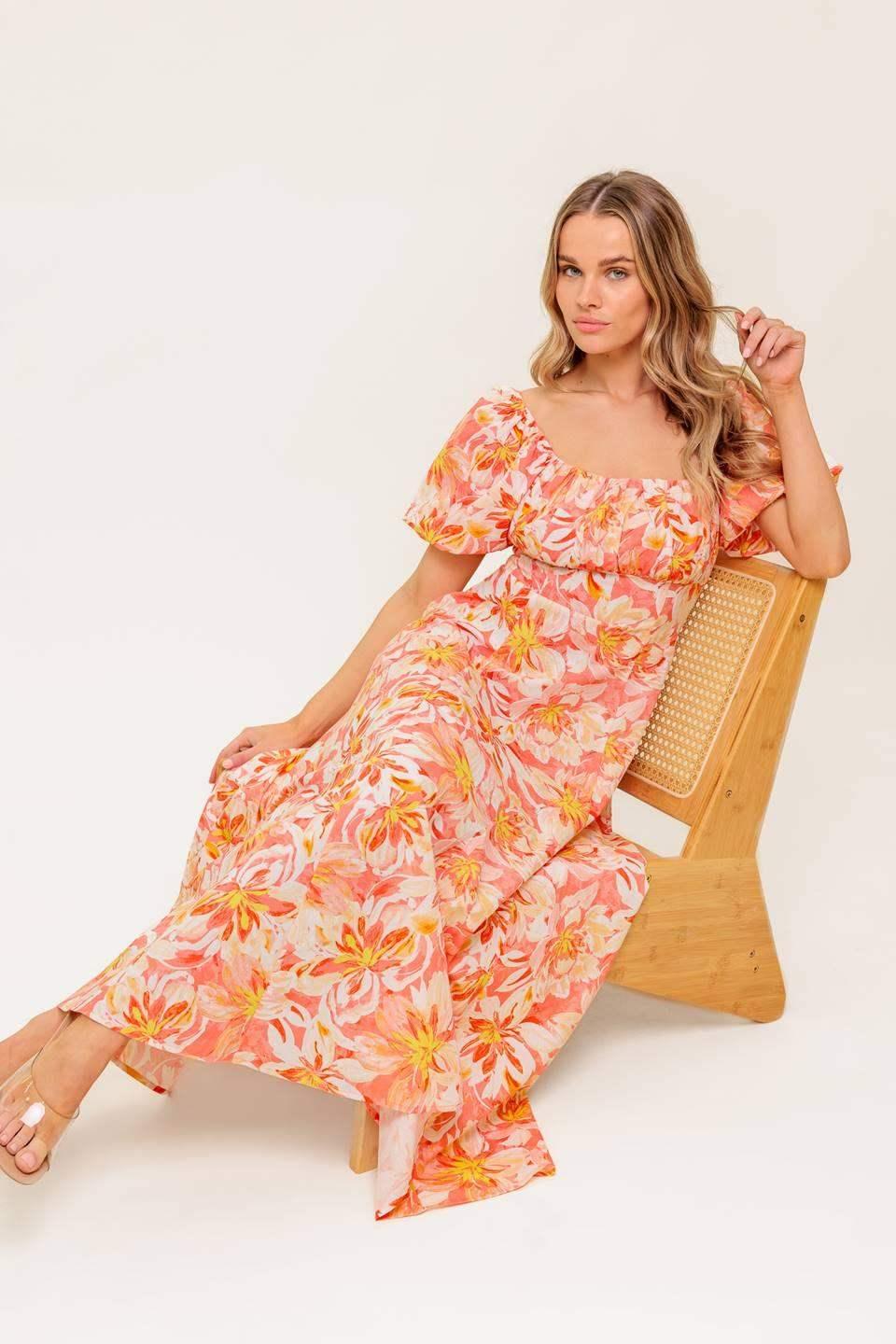 ISLAND FLOWERS PUFF SLEEVE MIDI DRESS - CORAL