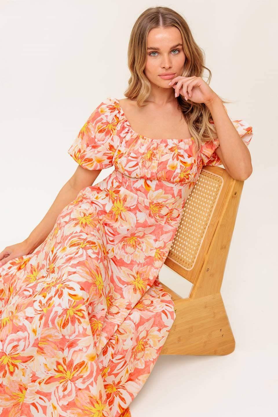 ISLAND FLOWERS PUFF SLEEVE MIDI DRESS - CORAL