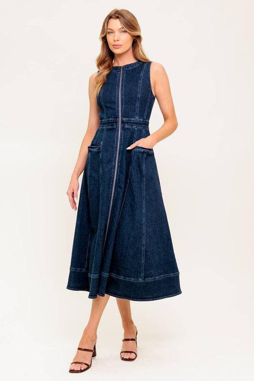 RAW BEAUTY - ZIP FRONT DENIM MIDI DRESS
