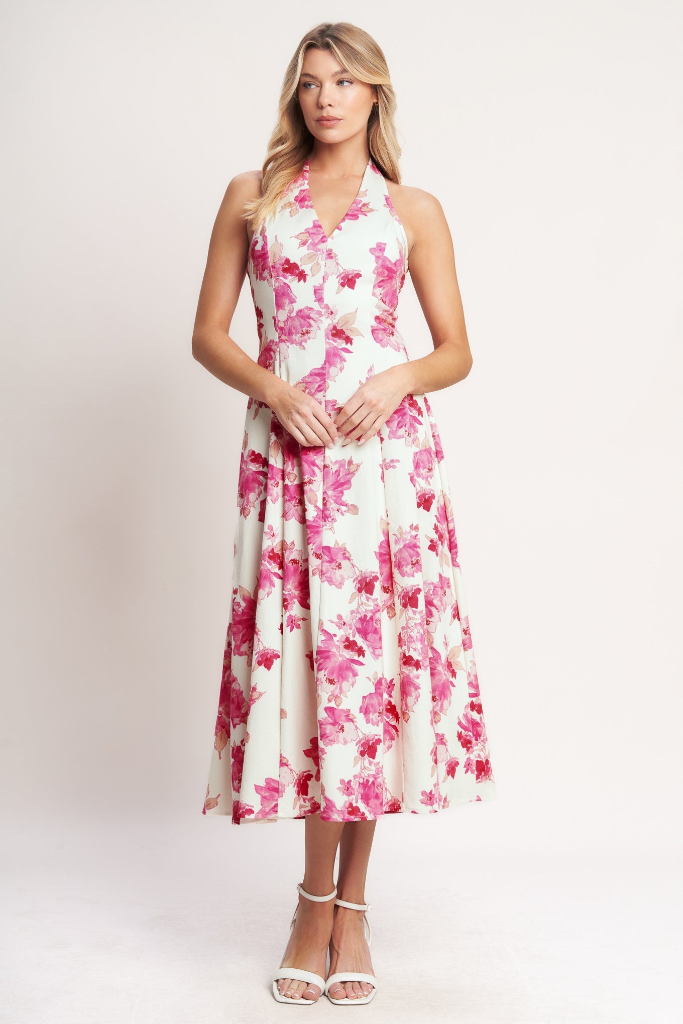 ROSY AFTERNOON PINK FLORAL HALTER MIDI DRESS