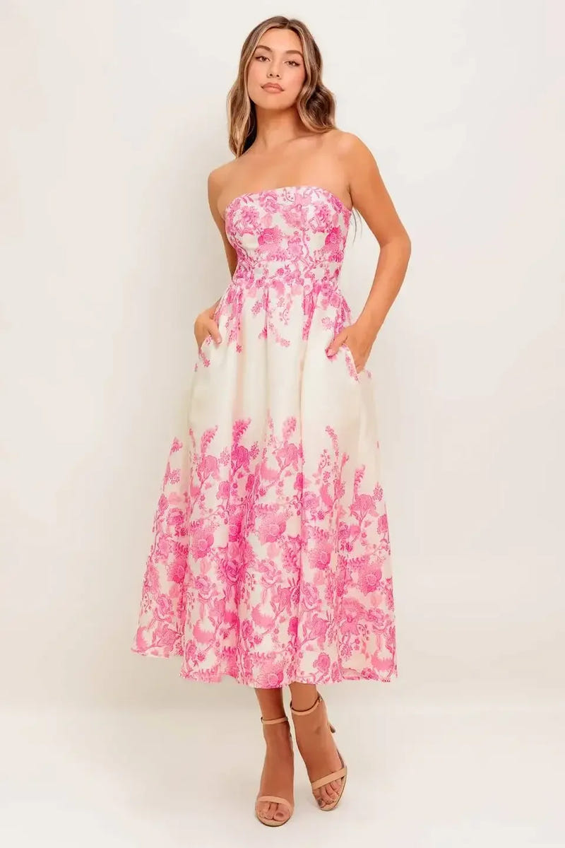 COCO PINK FLORAL STRAPLESS COCKTAIL DRESS