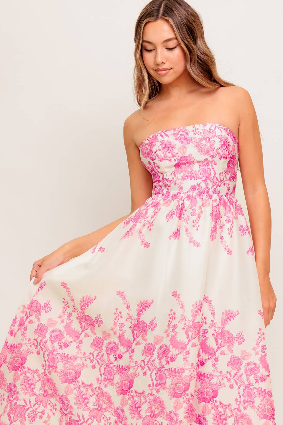 Coco Strapless Pink Floral Midi Cocktail Dress | Lady Black Tie Coco Strapless Pink Floral Midi Cocktail Dress | Lady Black Tie
