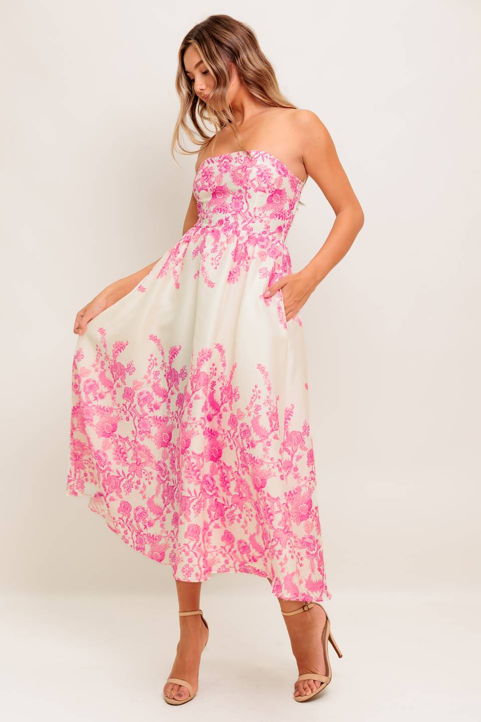 Coco Strapless Pink Floral Midi Cocktail Dress | Lady Black Tie Coco Strapless Pink Floral Midi Cocktail Dress | Lady Black Tie