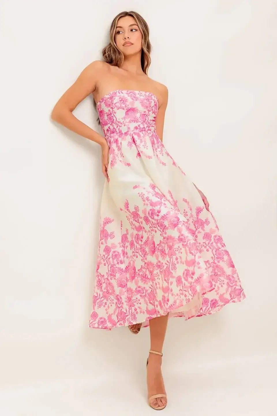 COCO PINK FLORAL STRAPLESS COCKTAIL DRESS