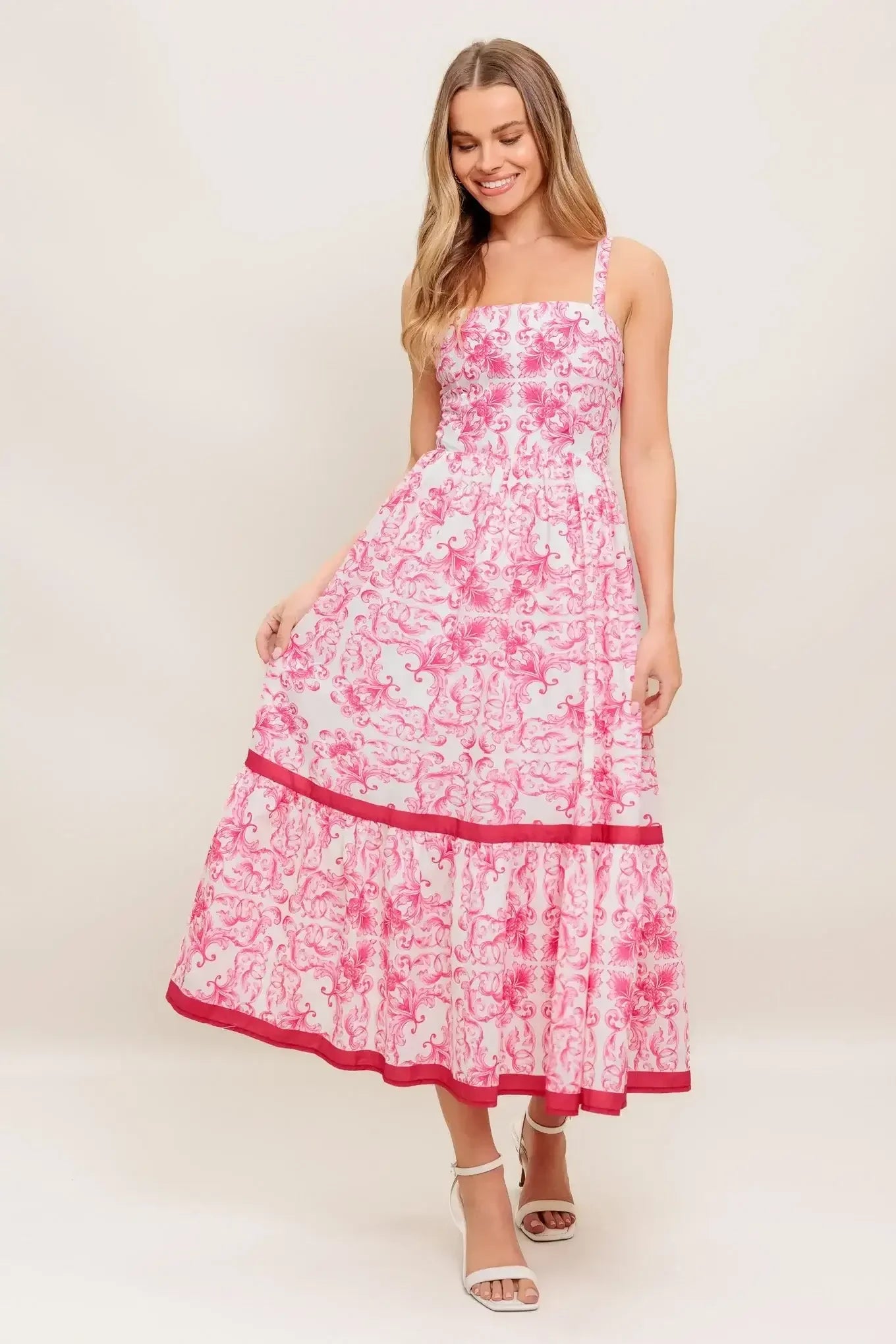 ROSALIE MIDI DRESS - PINK SCROLL PRINT